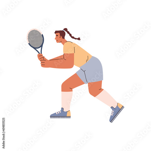 Smiling woman with tennis racket getting ready to hit ball flat style