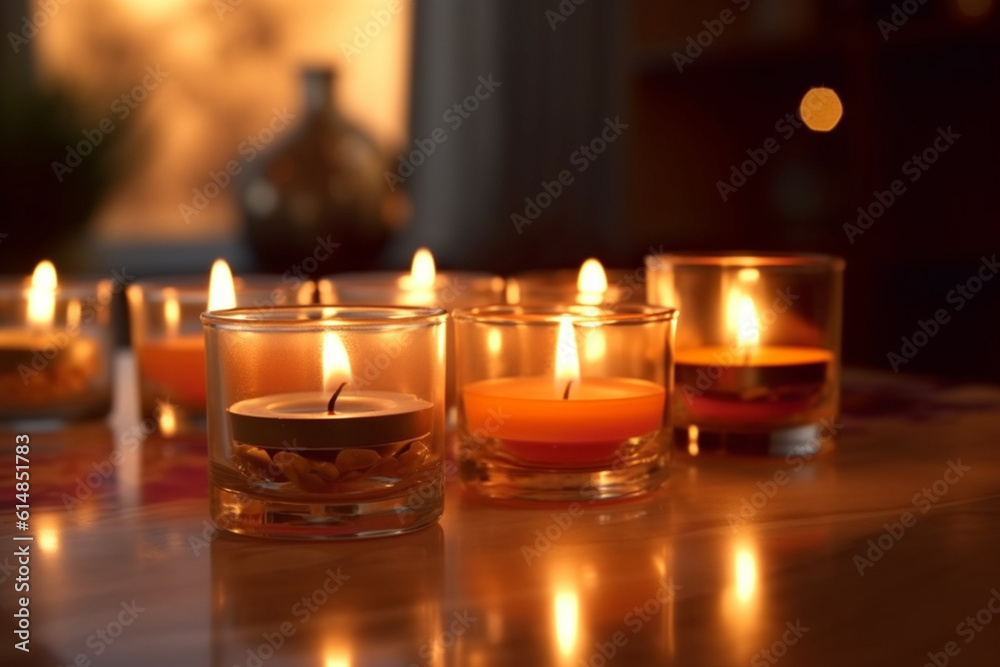 Ambient Candlelight: Tee candles providing a gentle and relaxing glow Generative AI