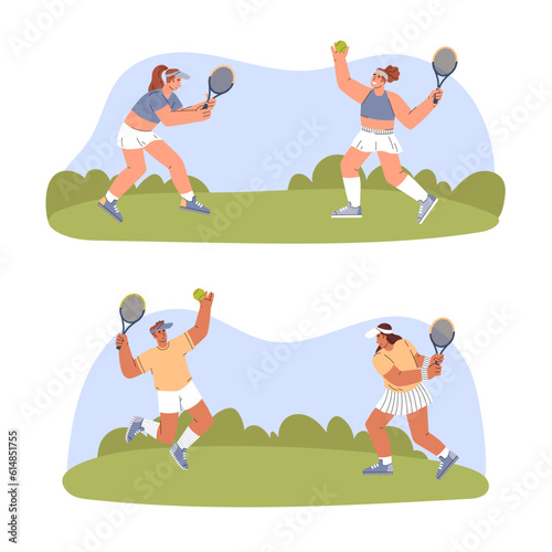 Set of scenes with happy young people playing tennis flat style