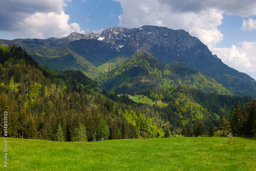 Spring landscape in the Triglav National Park. Breathtaking peaks of the Julian Alps. Triglav National Park, Slovenia, Europe