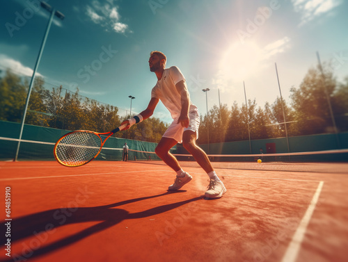 Tennis player and athlete in glasses with a tennis racket in anticipation of a hit. Portrait of a fit and young athletic man looking motivated, determined and confident. Tennis player running 