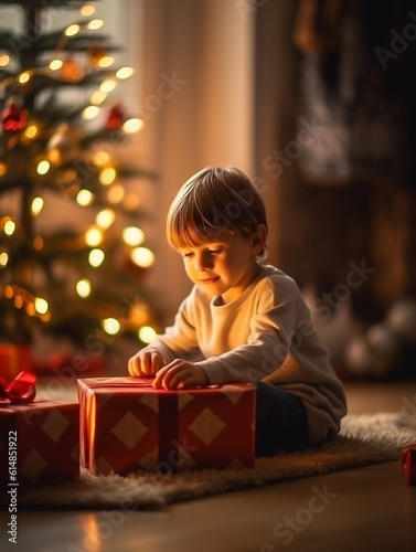 A boy in a white sweater sits at home by the Christmas tree and unpacks his gift with a smile. Christmas card. New Year's gift under the tree. New year and merry christmas concept.