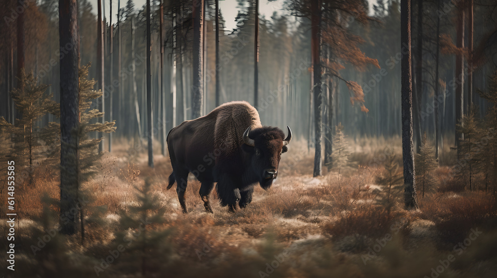 Wood Bison in the Enchanting Boreal Forest. Generative AI Wood Bison in the Enchanting Boreal Forest. Generative AI