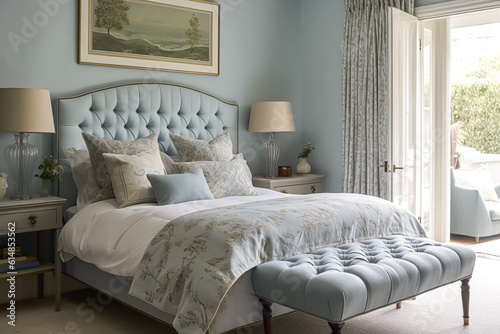 Pale blue bedroom decor, interior design and holiday rental, bed with elegant bedding and furniture, English country house and cottage style, generative ai © Anneleven