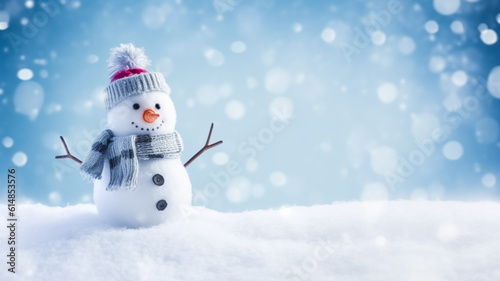 Funny snowman on Christmas holiday winter background, Merry Christmas and Happy Holidays wishes, generative ai © Anneleven