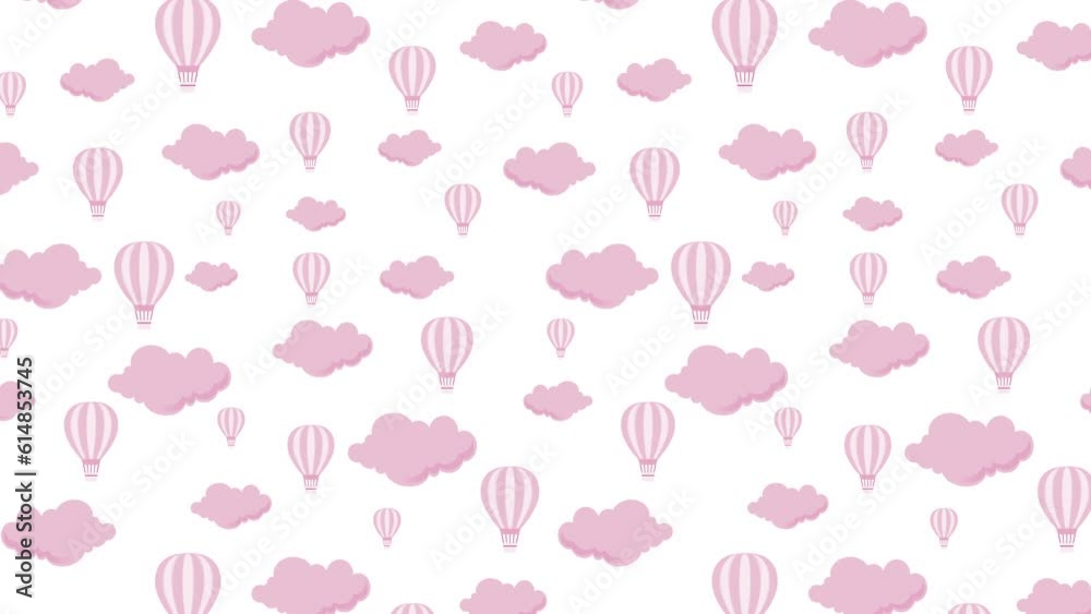 Animated Pink Pattern Design Air Balloons with Clouds Flying on White Background. Layout or Banner Animation Template for Website videos or Tv Hot Air Balloon with Flat Clouds. Transportation concept. Animated Pink Pattern Design Air Balloons with Clouds Flying on White Background. Layout or Banner Animation Template for Website videos or Tv Hot Air Balloon with Flat Clouds. Transportation concept.