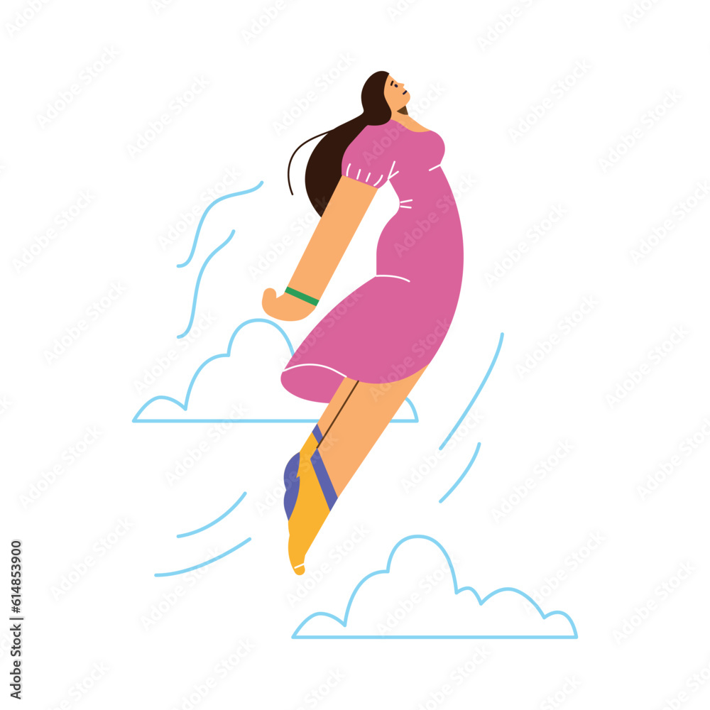 Vector isolated illustration of disproportionate woman in pink dress flies up, energetic girl excited in action, motion, with doodle clouds