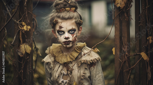 Little girl whith spooky Halloween makeup. Creepy and scary autumn holiday costume for Halloween celebration. Generative AI.