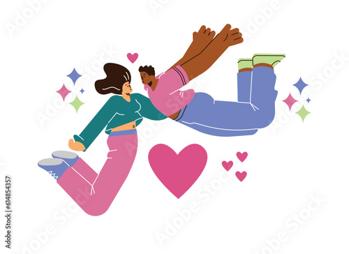 Flying boy and girl feeling love flat style, vector illustration