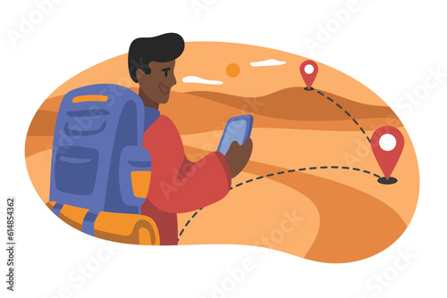 African cartoon smiling guy makes route online on his phone. Discovering new places during travel. Summer vacation trip. Travel agency tour. Adventure tourist and traveler. Vector