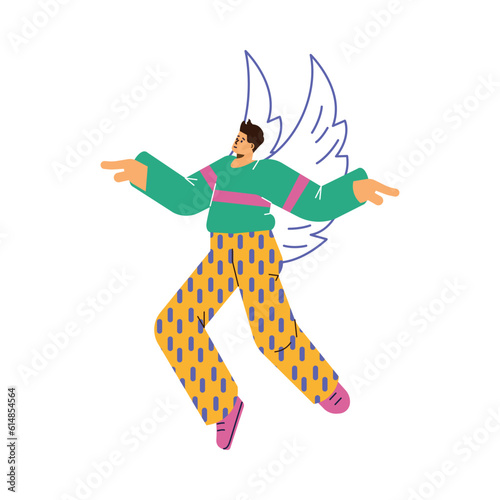 Vector isolated disproportionate character of man flies in the air with doodle wings. Inspired happy person in free flight, enjoy freedom