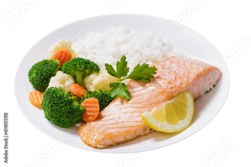 plate of salmon fillet, rice and vegetables isolated on transparent background