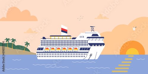 Large cruise liner or passenger ship at sea at sunset, flat vector illustration.