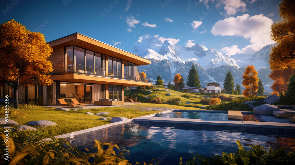 Modern luxury mountain villa with pool during autumn. Generative AI