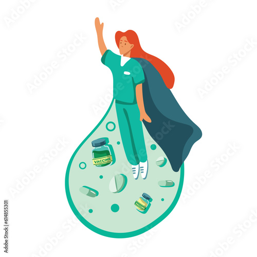 Cartoon red haired woman doing clinical trials vaccination shot. Protection from coronavirus outbreak. Process of getting covid 19 vaccination. Immune system health. Vector