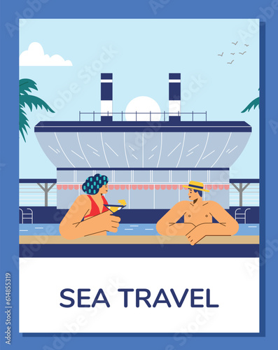 Sea travel banner or poster with people on cruise ship, vector illustration.