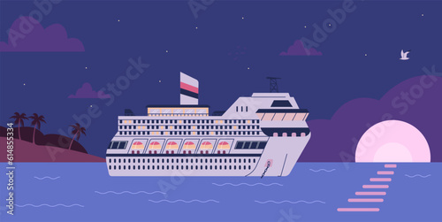 Huge cruise liner swims in evening sea or ocean flat style