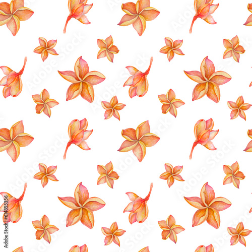 Seamless pattern of watercolor illustrations of orange-red plumeria flowers. Handmade work. Isolated.