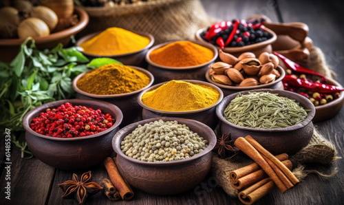 Various aromatic colorful spices and herbs. Ingredients for cooking. Ayurveda treatments.