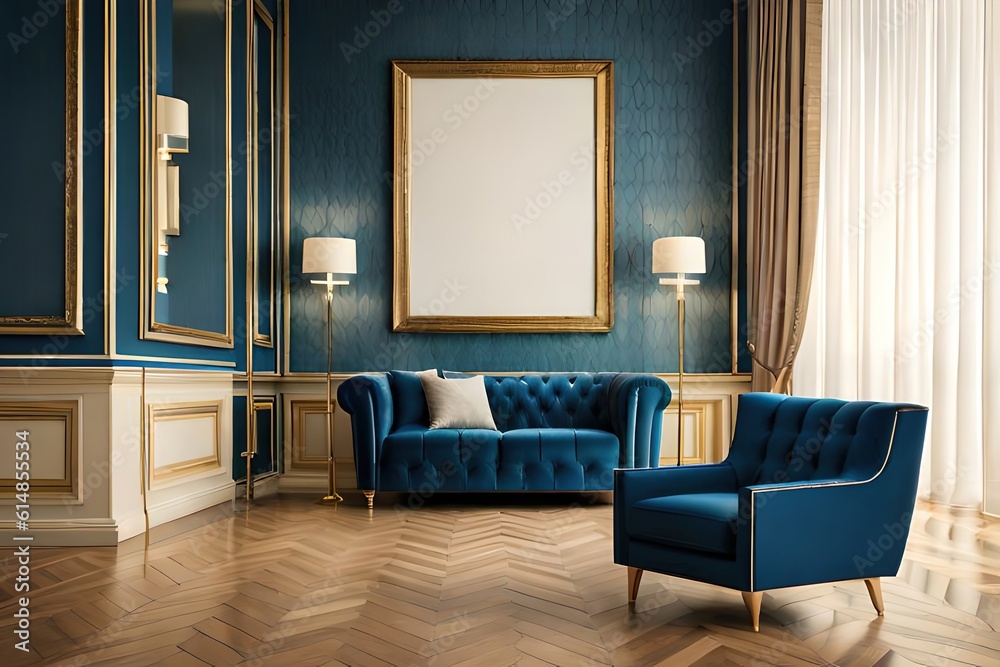 empty frame with golden border inside luxury living room, blue armchair and sofa with pillow, light lamps, store, royal wall and floor, a template for designer using Generative Ai technologie empty frame with golden border inside luxury living room, blue armchair and sofa with pillow, light lamps, store, royal wall and floor, a template for designer using Generative Ai technologie