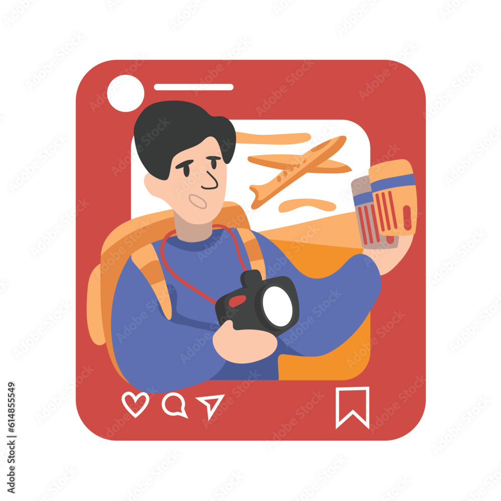 Cheerful cartoon tourist guy with camera holding plane tickets. Adventure tourism and summer vacation trip. Enjoying holiday and rest. Preparing for traveling abroad. Vector