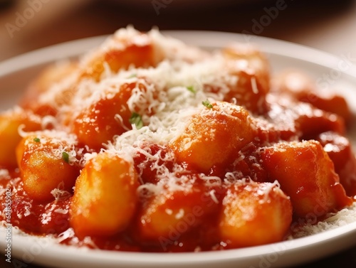 gnocchi served with marinara sauce and a sprinkle of parmesan cheese on a white plate