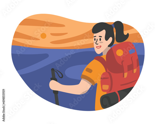 Smiling brunette cartoon girl with backpack does nordic walking with poles. Discovering new places during travel. Summer vacation trip. Travel agency tour. Adventure tourist and traveler. Vector © ANDRII