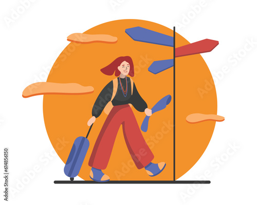 Cartoon smiling girl with suitcase walks near different route signs. Time for traveling abroad and visiting sightseeings. Travel agency tour customers. Vector
