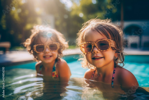 Portrait of Two Adorable cute little girls in sunglasses at pool. Summer Vacation Fun. Generative AI. 