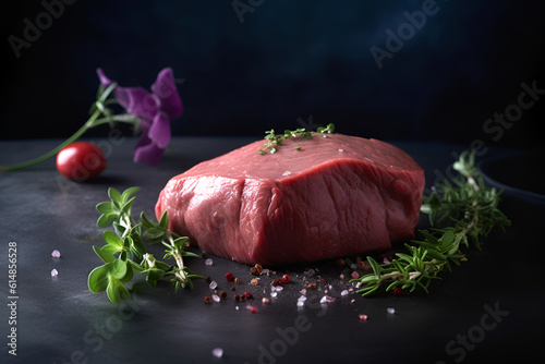 Fresh raw meet with herbs and spices on dark background. AI generated