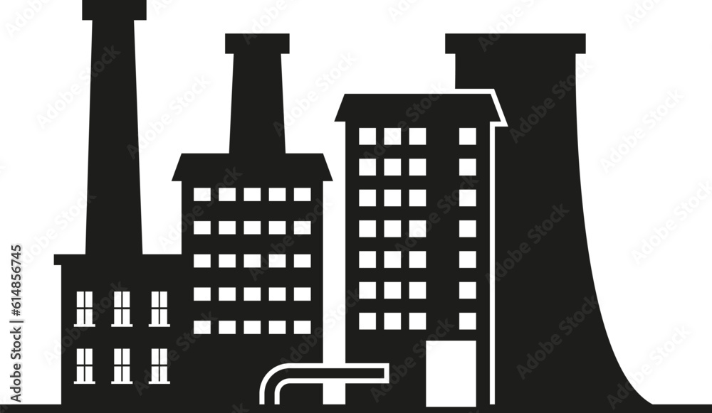 Factory, manufactury and plants vector. Oil refinery. Factory silhouette icons. Industrial warehouse.