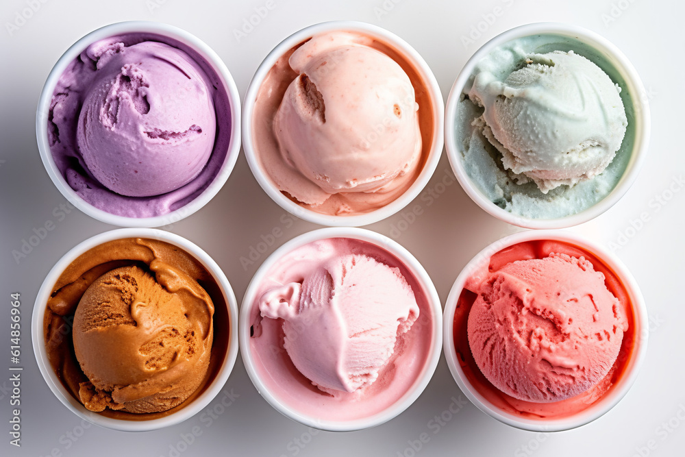 Variety of ice cream flavors in cups overhead on white , generative AI Variety of ice cream flavors in cups overhead on white , generative AI