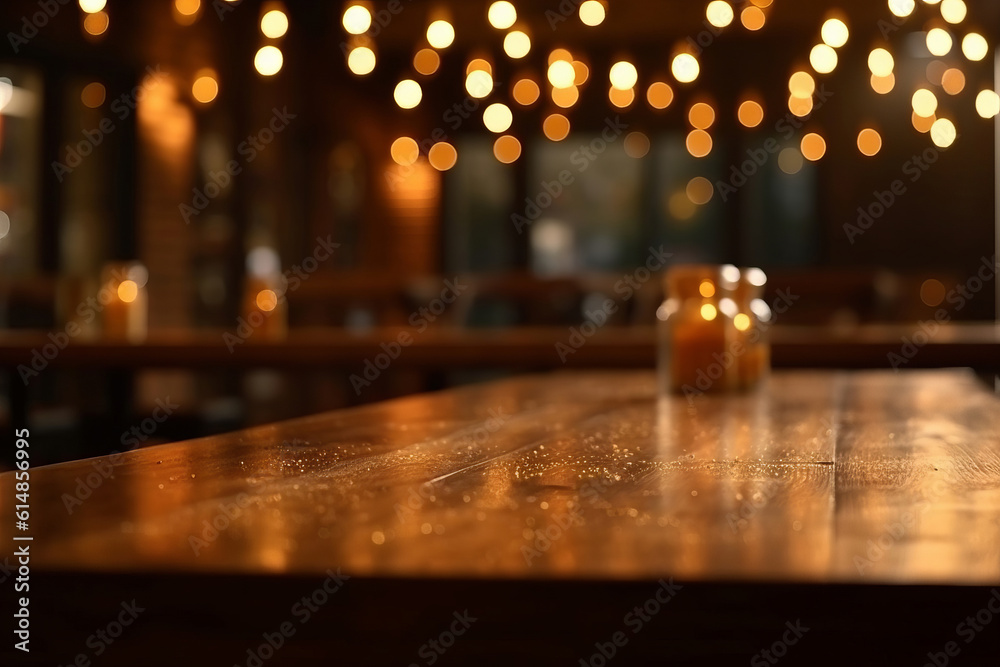 Wooden table with copy space with out of focus background with lights, generative AI