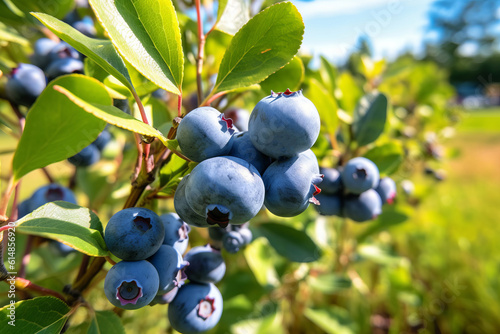Blueberry plants with ripe berries in an orchard on a sunny day, generative AI