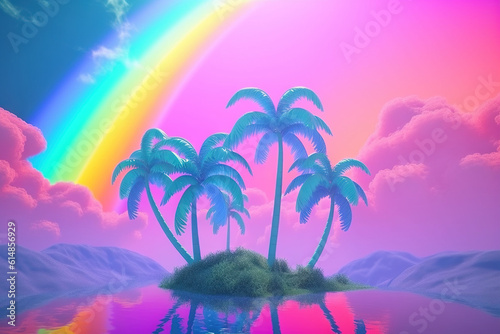 Palm trees and rainbow 80s landscape in vaporwave style. Retrowave vacation background with tropical sunset and palms. Generated AI.