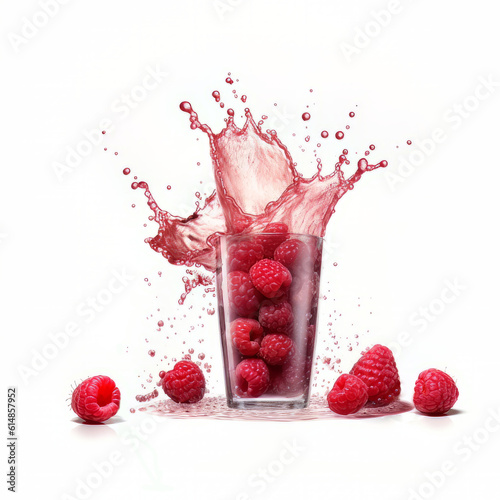 Tempting Raspberry Delight: Refreshing Juice and Sprinkling Drops in a Glass, Isolated on White