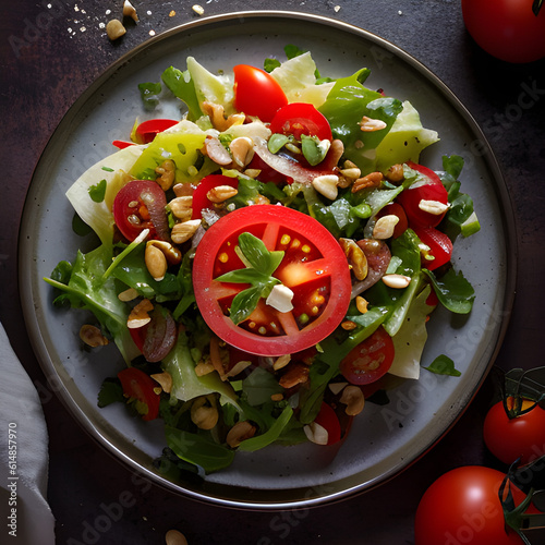 Plate of Salat with tomato nand nuts, generative ai