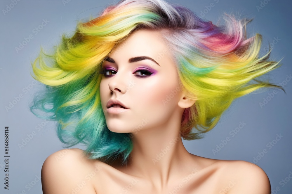 Beautiful woman with multi-colored rainbow hair and creative make up and hairstyle. Beauty face. Generative Ai. Beautiful woman with multi-colored rainbow hair and creative make up and hairstyle. Beauty face. Generative Ai.