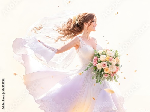 bride throwing wedding bouquet watercolor. ai generative