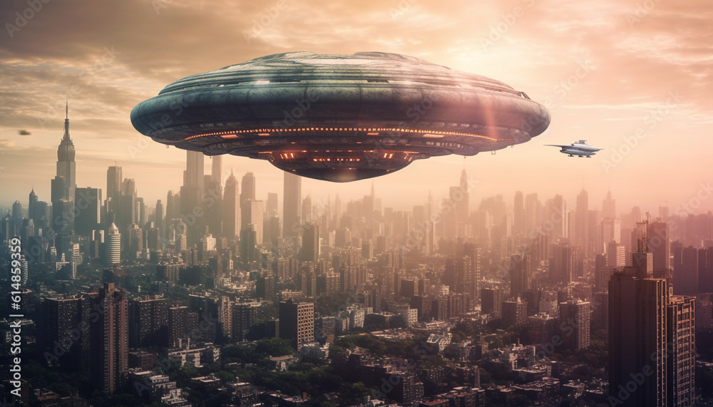 Naklejka premium Futuristic skyscrapers illuminate city skyline at night, flying air vehicles generated by AI