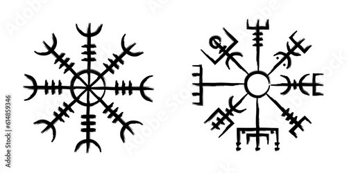 Two norse runic symbols called Aegishjalmur which aslo mean Helm of Awe and Vegvisir, also know as Wayfinder.