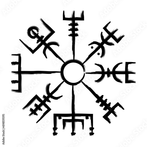 Hand drawn full editable norse symbol of vegvisir also known as viking compass.