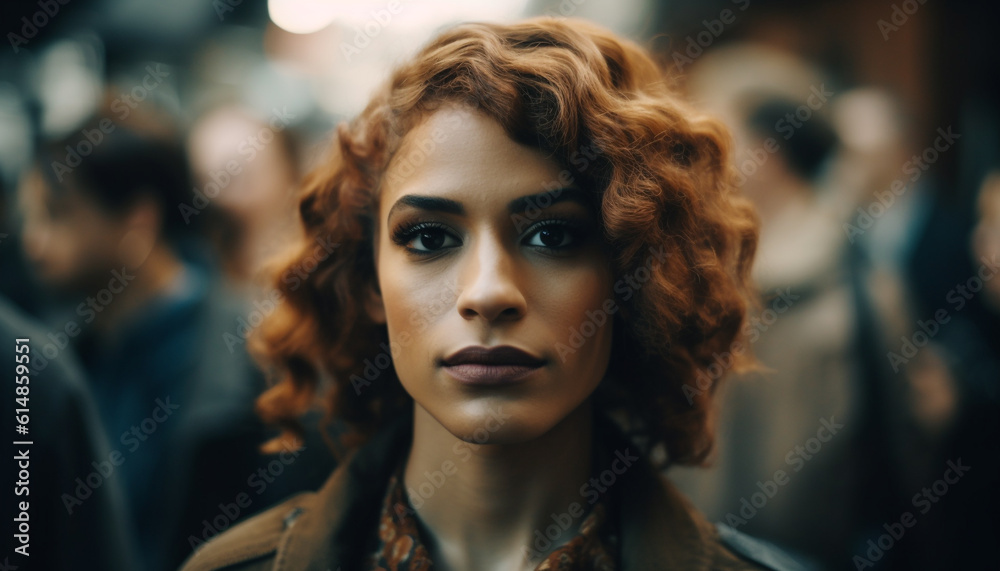Fototapeta premium A confident young woman with curly brown hair smiling outdoors generated by AI