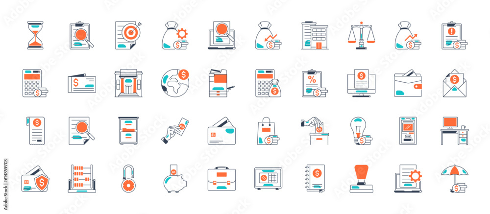 Accounting icon set. Containing financial statement, accountant, financial audit, invoice, tax calculator, business firm, tax return, income and balance sheet icons. Solid icon collection.  - obrazy, fototapety, plakaty 