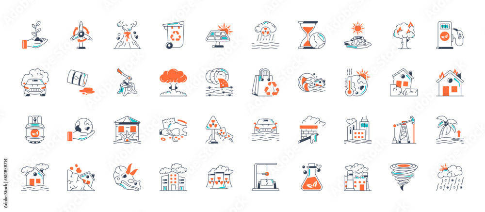 Fototapeta premium Climate change icon set. Containing global warming, greenhouse, melting ice, earth pollution and disaster icons. Solid icon set. 