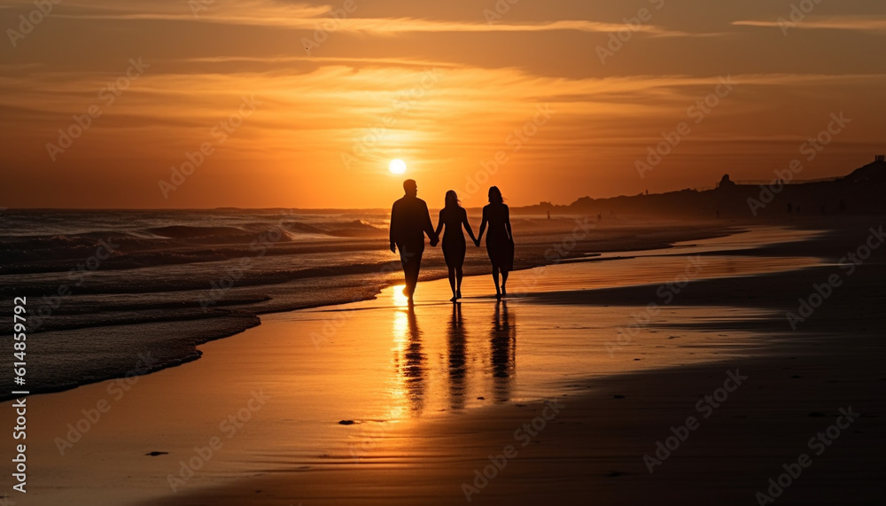A romantic sunset stroll on the beach, holding hands together generated by AI
