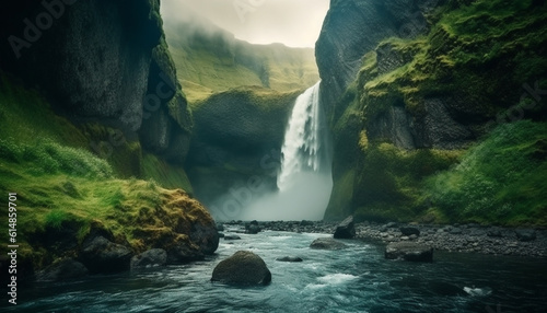 Tranquil scene Majestic mountain range, flowing water, natural beauty generated by AI