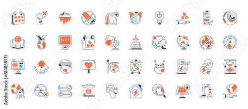 Climate change, ecology, green energy, park and weather 40 icon set. Containing global warming, renewable energy, greenhouse, melting ice, earth pollution, outdoor activity. Flat vector illustration 