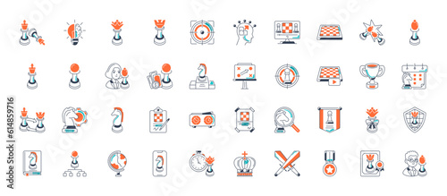 Simple Set of Chess Related Vector Line Icons. Contains such Icons as Queen, Strategy, Checkmate and more.	