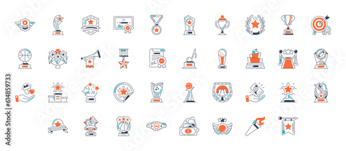 Set with award, award with number 1, one, trophy cup, trophy cup with star winner medal, trophy star, user with rating vector icon illustration
